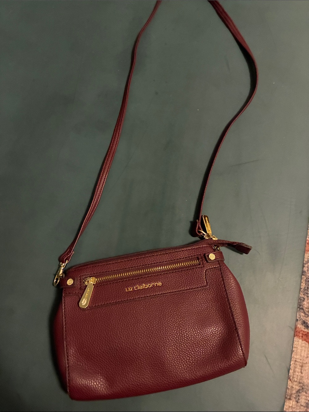 Liz Claiborne Burgundy Pebbled Crossbody Bag Gold Hardware